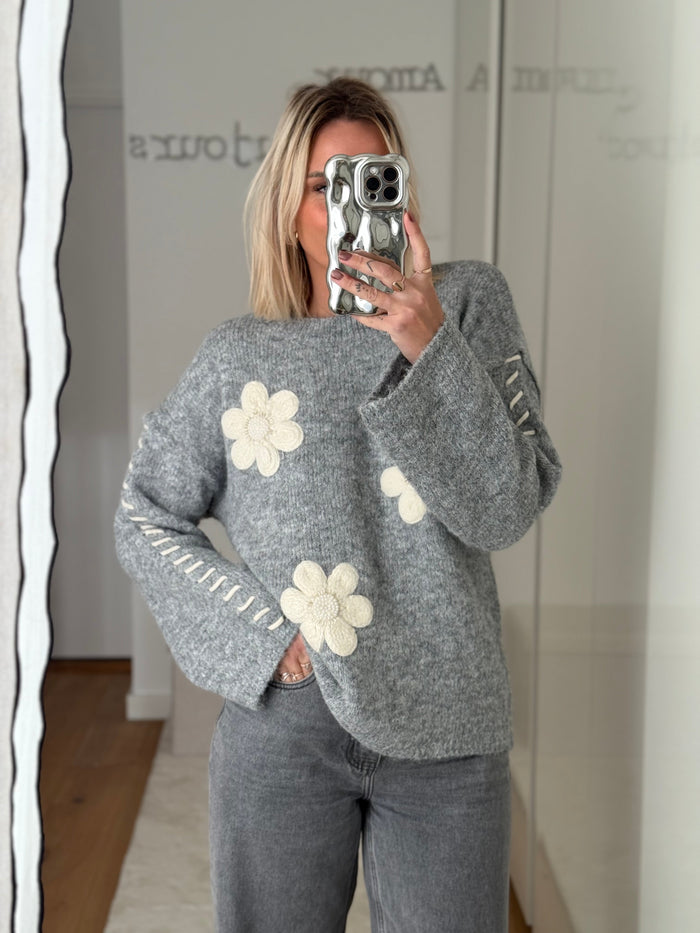 Pull Fleurs - Gris - ROSABAYA