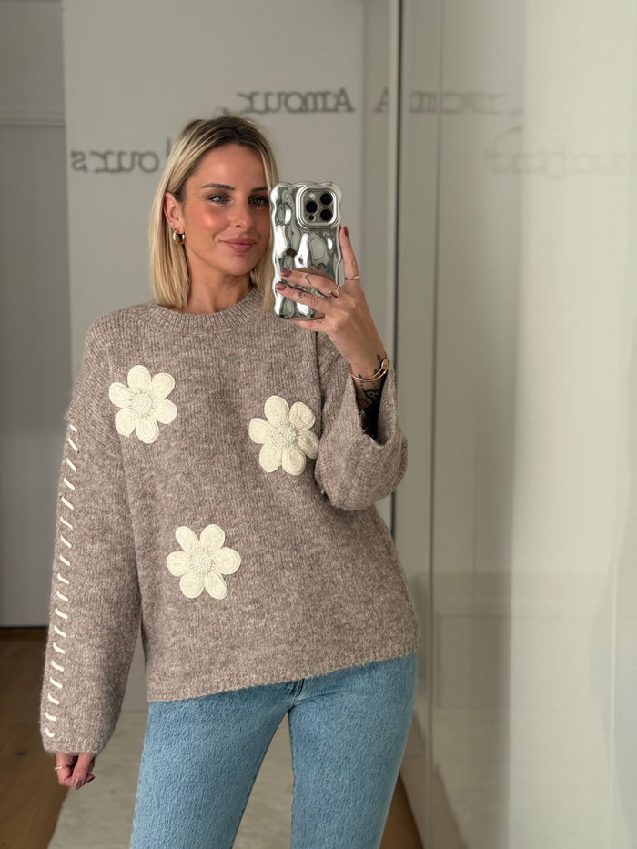 Pull Fleurs - Taupe - ROSABAYA