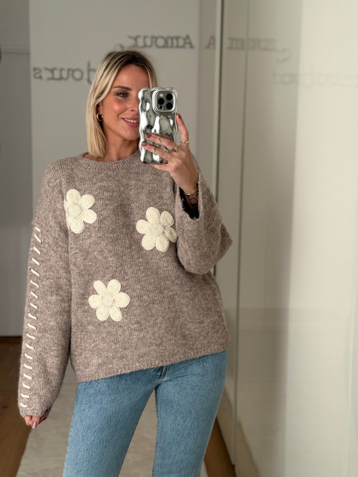 Pull Fleurs - Taupe - ROSABAYA